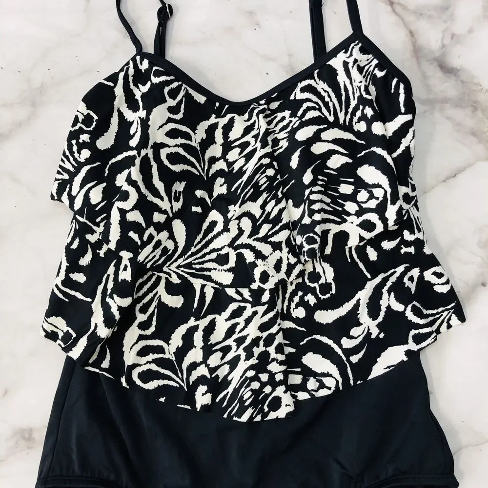 Jantzen Womens One Piece Swimsuit Size 8 Black Ruffled Tiered Floral